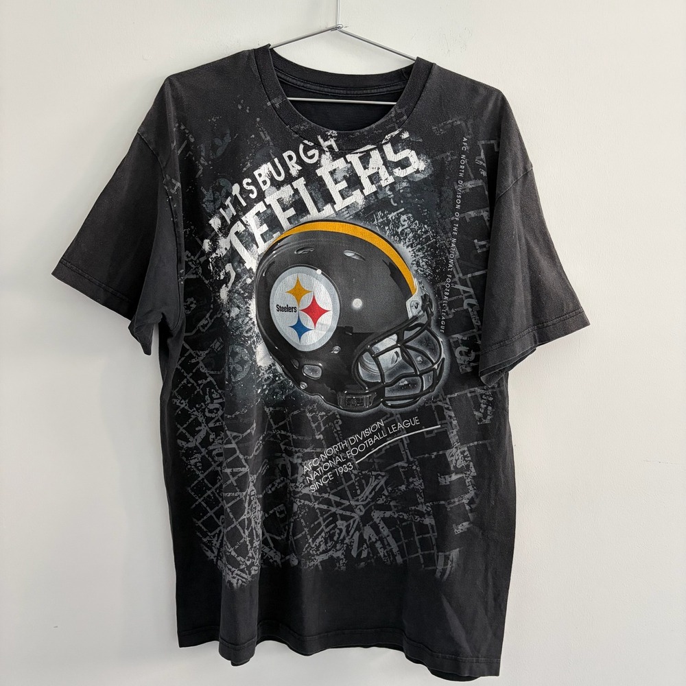 Pittsburgh Steelers NFL Graphic TShirt Faded Black Mens XL Helmet All Over Print
